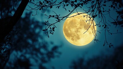 Naklejka premium Bright full moon shining through trees on a clear night
