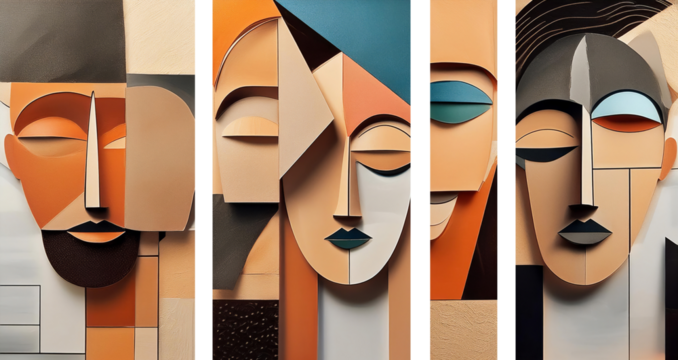 Abstract Geometric Portrait Triptych of Four Faces in Modern Art Style