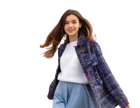 Boho girl walking on the city street on a white isolated background. Generative AI.