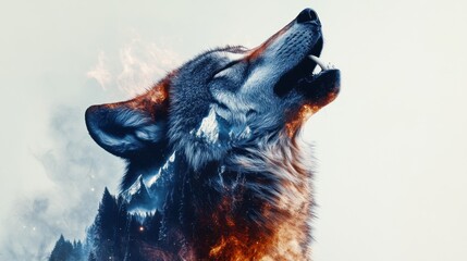 Wolf Howl in Mountain Mist: A majestic wolf howls against a backdrop of misty mountains, its silhouette engulfed in a fiery glow.  This digitally-painted artwork evokes a sense of wild freedom