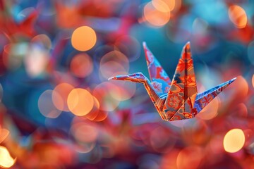Colorful origami crane with bokeh lights in the background