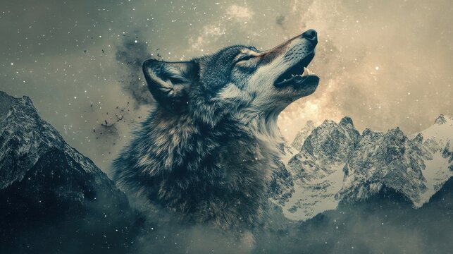 Wolf's Howl Under the Milky Way: A majestic wolf howls against a backdrop of snow-capped mountains and a swirling Milky Way galaxy, creating a powerful and evocative image. 