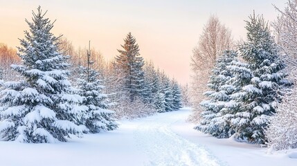 Fototapeta premium Snow-covered trees lining a serene winter pathway at dawn