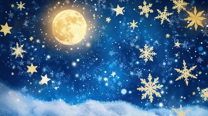 Fototapeta premium Night sky with a full moon surrounded by snowflakes and golden stars in a winter wonderland