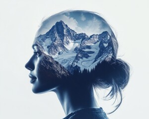Mind Over Mountain: A surreal and powerful double exposure image of a woman with a mountain range inside her head, symbolizing overcoming challenges and achieving goals.  