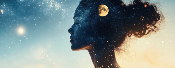 Cosmic Dreamscape: A woman's profile against a backdrop of stars and a luminous moon, symbolizing the fusion of inner thoughts and the vast universe. 