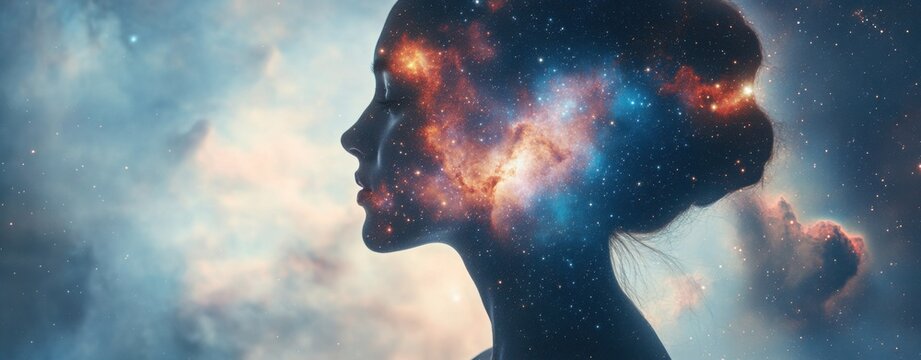 Cosmic Consciousness: A woman's profile merges with a vibrant galaxy, symbolizing enlightenment, self-discovery, and the infinite potential of the human mind. 