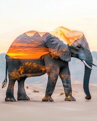 Fototapeta premium Elephant Silhouette with Sunset Landscape: A majestic elephant silhouette stands against a breathtaking sunset landscape, creating a surreal and evocative double exposure .