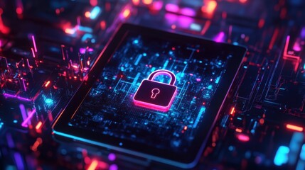 Fototapeta premium Cybersecurity: A glowing padlock icon emerges from a vibrant digital landscape, symbolizing the protection and security of data in the digital age. 