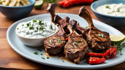 grilled lamb chops with a creamy sauce and red peppers.