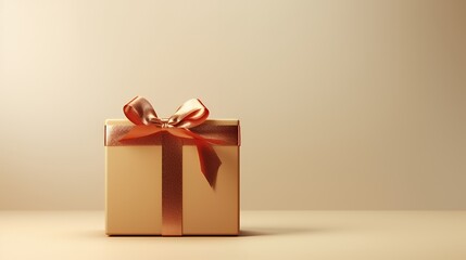 Beige gift box with a copper ribbon on a beige background.