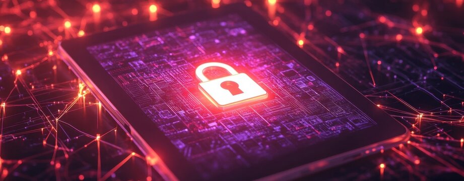 Cybersecurity: A glowing padlock icon on a circuit board, signifying digital protection and data security.  