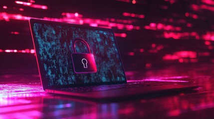 Cybersecurity: Laptop with Lock Icon on Screen & Pink & Blue Background 