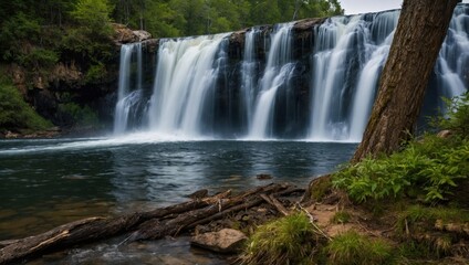 Fototapeta premium a waterfall that falls into the lake