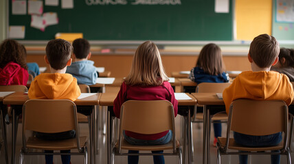 A group of students sit quietly at their desks, focused on the lesson ahead, with the chalkboard in the background.