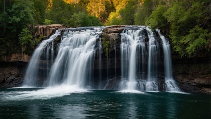 a waterfall that falls into the lake