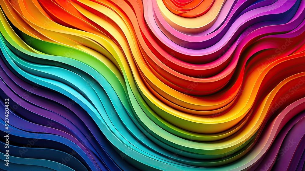 Poster Colorful Wave of Layered Plates in Vibrant Hues Creates a Mesmerizing Display of Artistic Design