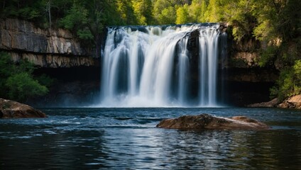 a waterfall that falls into the lake