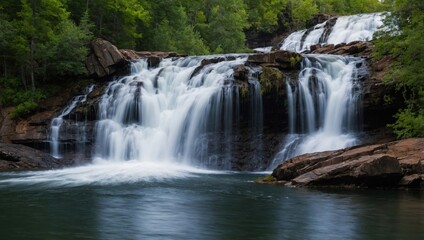 a waterfall that falls into the lake