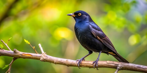 Naklejka premium Black bird perched on a tree branch , black, bird, nature, wildlife, feathers, wings, beak, tree, branch