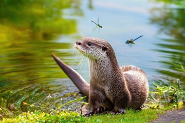 Otter Observes Dragonflies by the Riverside on a Sunny Day