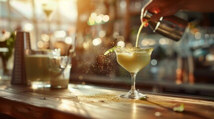 Summer Margarita Cocktail Splash Moment at Sunset - Perfect for Bar, Menu, Poster, Design, or Social Media. Generative ai