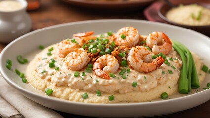 a plate of creamy grits with shrimp and green onions.