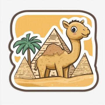 recommend clip art: Cute Camel in the Desert with Pyramids