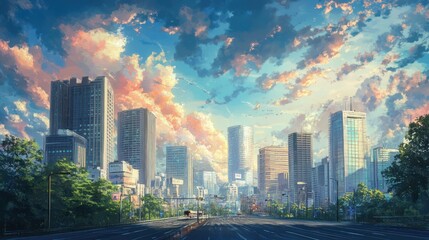 Naklejka premium Cityscape with Cloudy Sunset and Empty Road