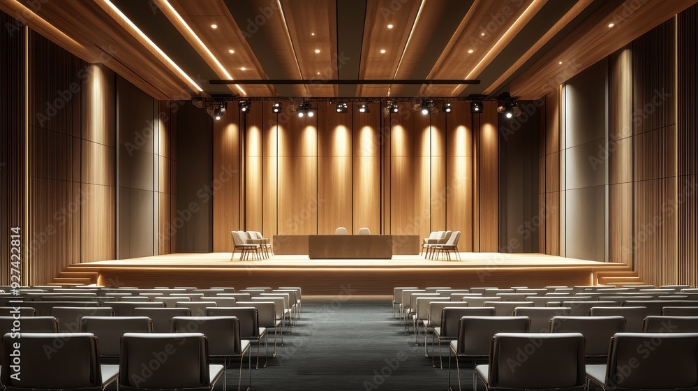 Poster a modern auditorium setup with a stage and seating for an event or presentation.