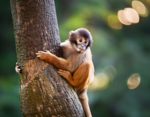 Cute Baby Red-shanked douc langur on tree