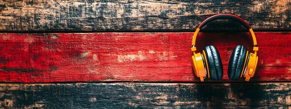Yellow Headphones on Red and Black Wooden Background 