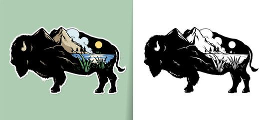 Bison silhouette double exposure with mountain landscape. Nature clip art concept for badge, patch, poster, t-shirt