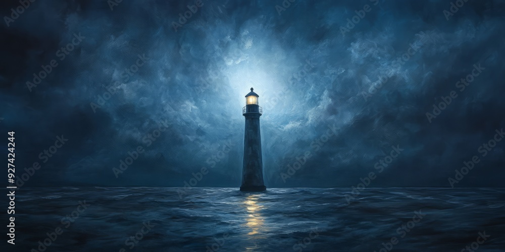 Poster A single lighthouse stands tall in a stormy sea, its beacon illuminating the dark sky above.