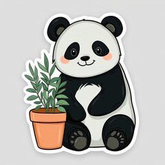 Cute Cartoon Panda Holding a Potted Plant