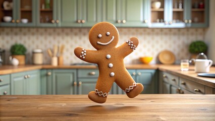 A happy gingerbread man dancing on the kitchen table