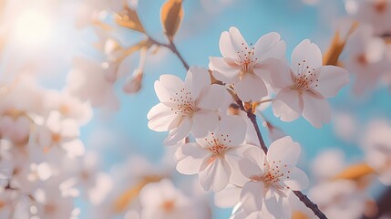 Obraz premium Delicate cherry blossoms against azure sky, gentle spring breeze, soft focus background, sunlight streaming through petals, bokeh effect, macro photography, ephemeral beauty.