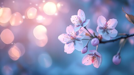 Delicate cherry blossoms against azure sky, gentle spring breeze, soft focus background, sunlight streaming through petals, bokeh effect, macro photography, ephemeral beauty.
