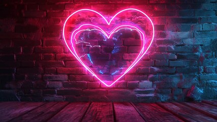 Neon heart glowing against a brick background, combining the warmth of the heart symbol with the gritty texture of urban brick, motion video