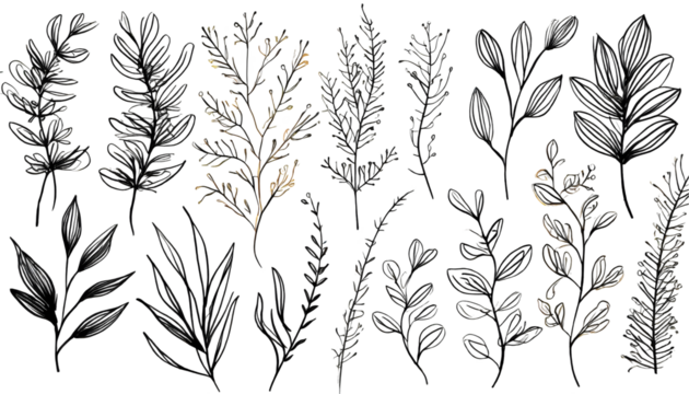 Botanical elements set . Hand drawn botanical contour vector illustration on white isolated. Generative AI.