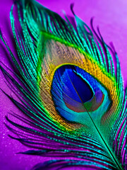 Obraz premium Close-up photo of a bright and colorful peacock feather on a purple background 