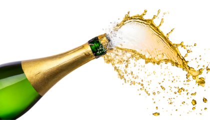 Bottle of champagne popping Splash on a white isolated background. Generative AI.