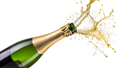 Bottle of champagne popping Splash on a white isolated background. Generative AI.
