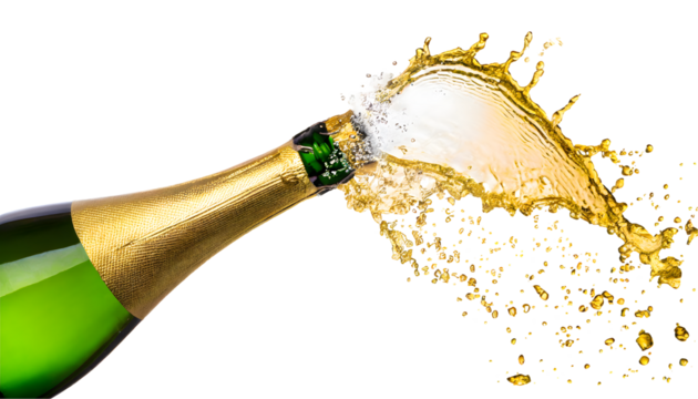 Bottle of champagne popping Splash on a white isolated background. Generative AI.