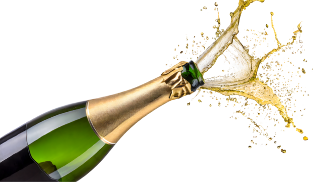 Bottle of champagne popping Splash on a white isolated background. Generative AI.