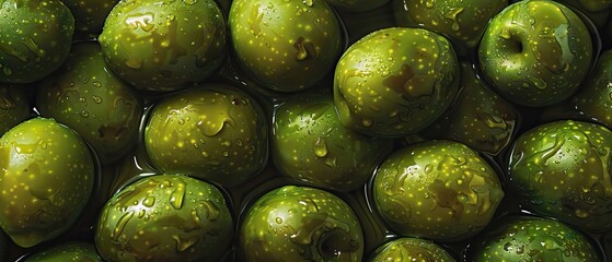 Wet green olives closeup, glossy and fresh in water or oil.
