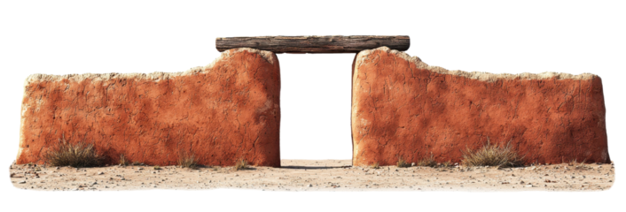 Rustic adobe wall with large entrance constructed from weathered orange clay and timber isolated on transparent background clipart