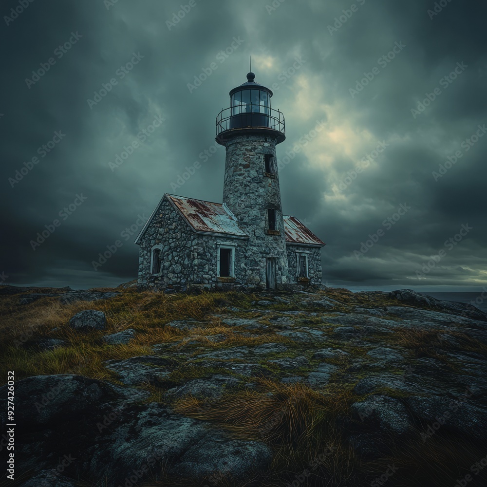 Sticker A solitary stone lighthouse on a rocky coast under a stormy sky.