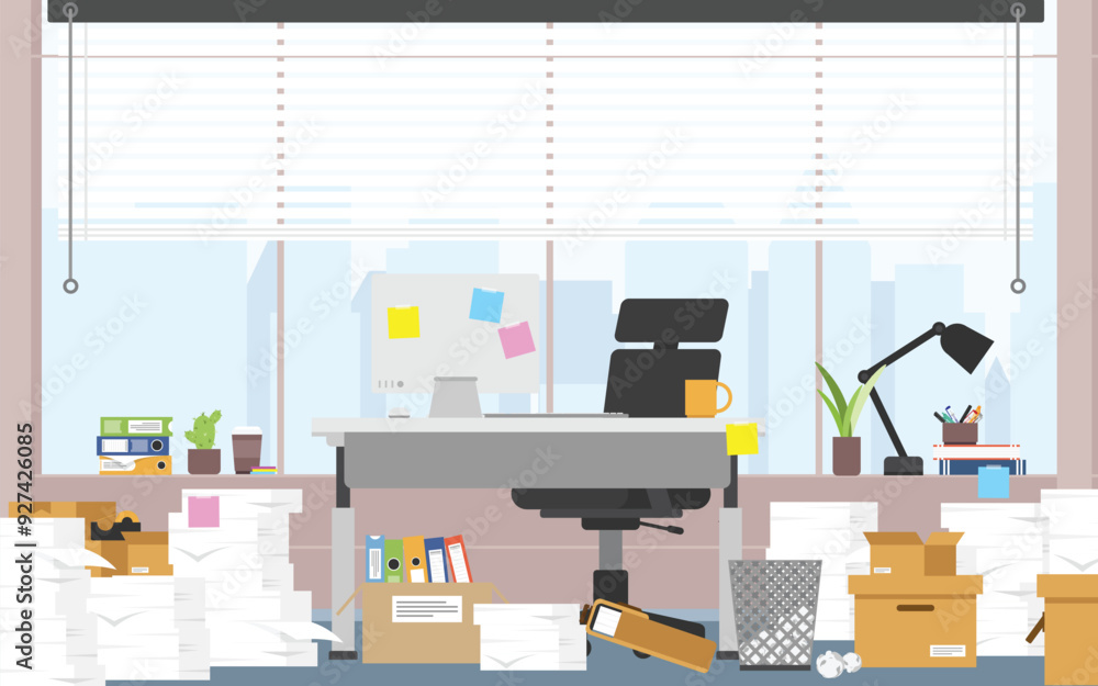 Poster chaos and mess working desk room for one people, office background wide floor-to-ceiling window with