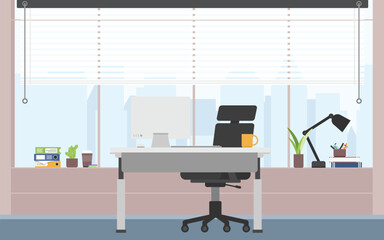 Working desk with computer for one people, Clean working space wide floor-to-ceiling window with city view, Office background with computer monitor and desk.